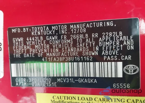 2008 Toyota Camry Solara Sle from USA, damaged, VIN 4T1FA38P38U161162